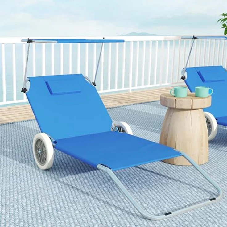 Outsunny 2er Set Sonnenliege, klappbare Gartenliege mit verstellbarem Kopfkissen und Sonnendach, blau, für Garten und Pool – Bild 9