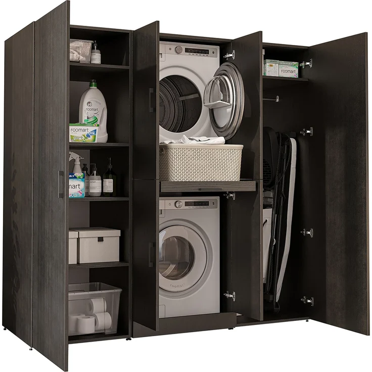 Roomart Waschmaschinenschrank - DORA-I- 190 cm breit - Wasch- & Trocknerschrank mit 2 Hochschränken, Türen & Ausziehbrett, Waschmaschinen-Überbau für Waschküche & Hauswirtschaftsraum • Schwarz-Eiche – Bild 8