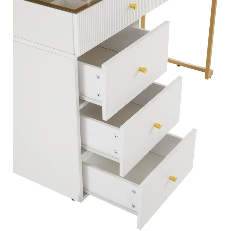 Schminktisch mit LED-Spiegel & flexiblen Regalen, weiß & gold modern Make-up Tisch,ohne Hocker – Bild 8