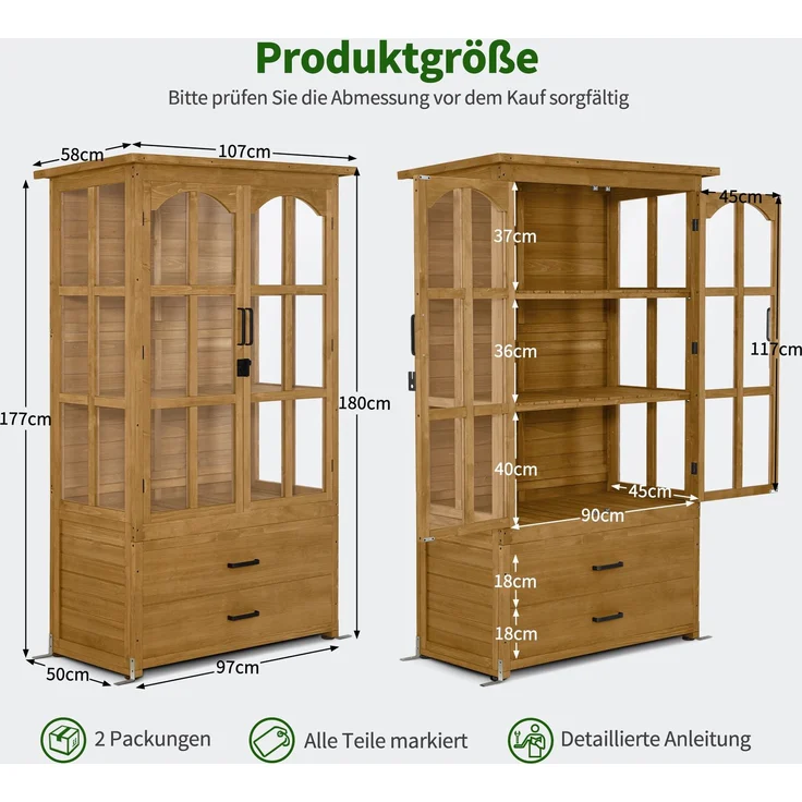 M MCombo Gartenschrank Gartenhaus Holz Wetterfest, Geräteschrank Gerätehaus Outdoor, für Außenbereich Balkon Terrasse, Gartenhütte mit 2 Bewegliche Regale, 58×107×180 cm, 1155 (Natur) – Bild 3