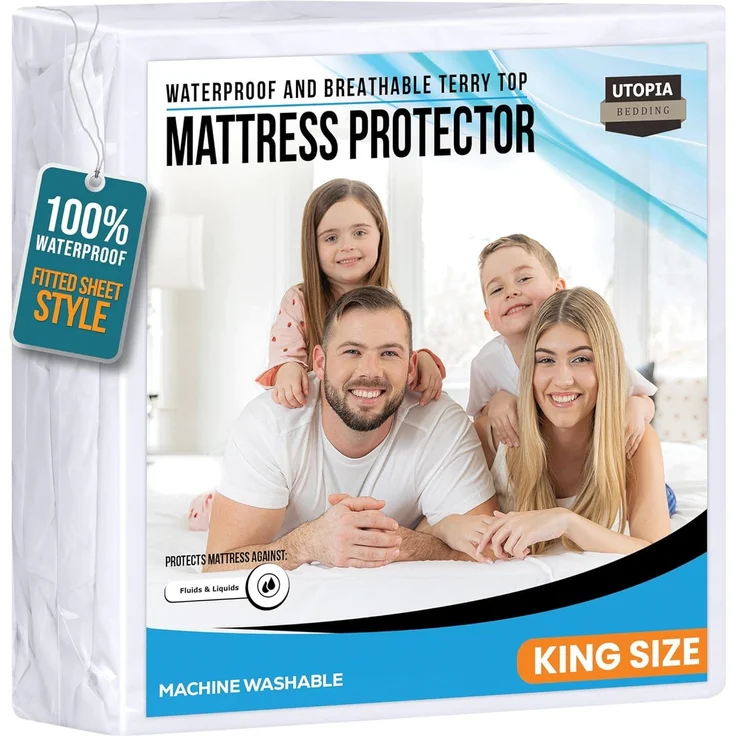 Utopia Bedding Matratzenschoner 178 x 203 x 43 cm Wasserdicht, Oeko-TEX Zertifiziert Matratzenauflage Atmungsaktive, Matratzenschutz, Rundum Elastisch Weiß