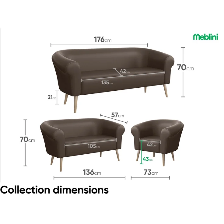 MEBLINI Sofa-Set EMILIA 3+1+1 - Braun Kunstleder - für Wohnzimmer - Mini Lounge für fünf Personen - Küchensofa - Sofa Klein - Sitzgarnitur - Polstergarnitur - Sofagarnituren – Bild 6