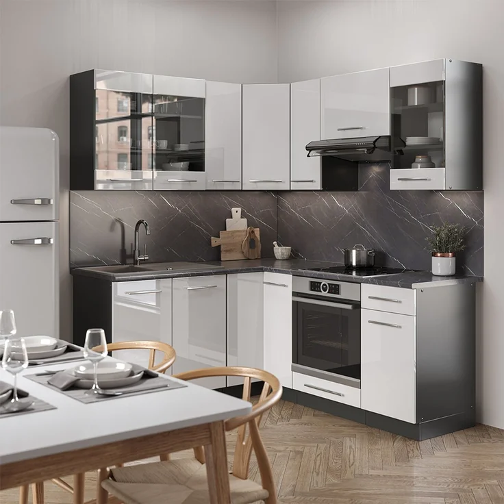 Eckküche Fame-Line Weiß Hochglanz/Anthrazit 190 x 46 cm ohne Arbeitsplatte Vicco – Bild 4