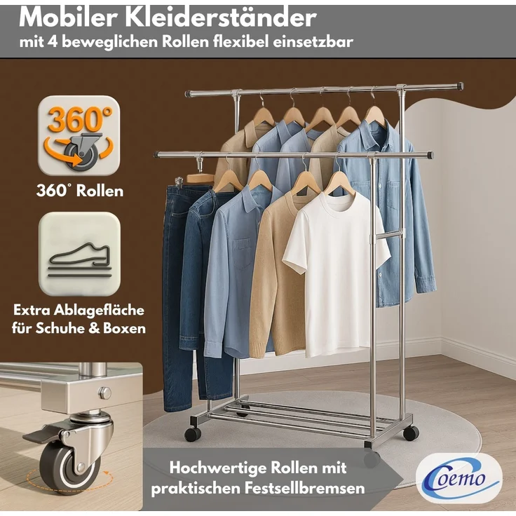 Coemo Kleiderständer mit Rollen fahrbarer Garderobenständer Größe L – Bild 4