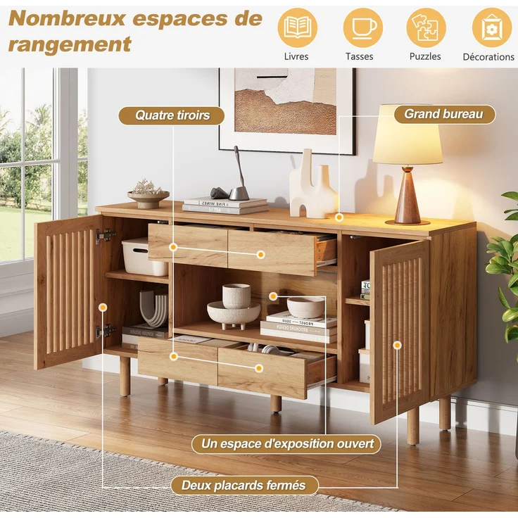 ZUBALIYA Sideboard 140x35x71 cm, mit 4 Schubladen, aus MDF, Natur – Bild 13