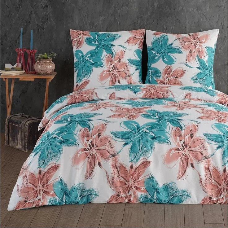 Buymax Bettwäsche Bettbezug-Set Trendy, Renforce: 100% Baumwolle, 2 teilig, 155x220 cm, Reißverschluss, hochwertig, Weiß, Türkis, Altrosa – Bild 1