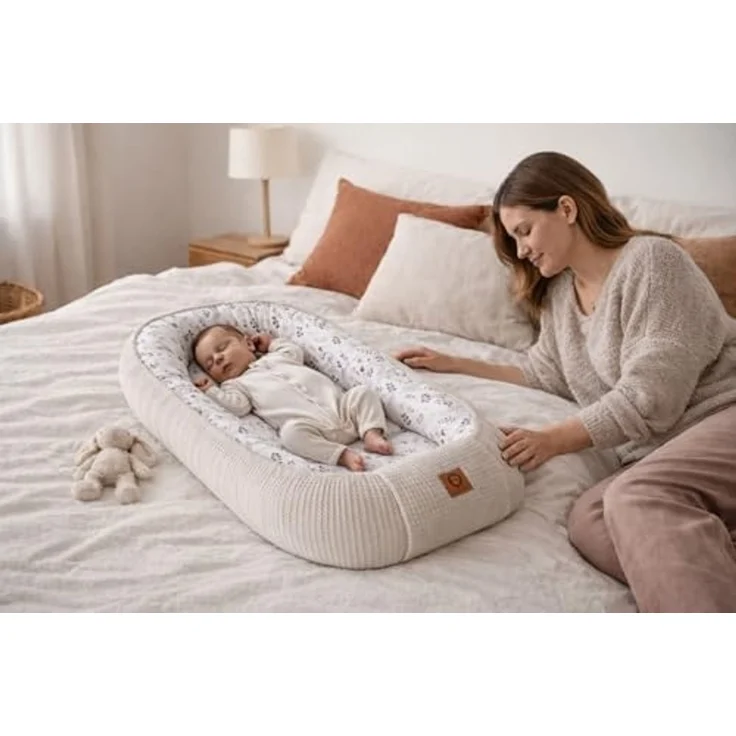 Babynestchen Neugeborene – Nestchen Baby aus Waffel Baumwolle & Baumwollstoff – Babynest für Babybett & Kinderbett – Baby Kokon Tragbar – OEKO-TEX zertifiziert – Zubehör für Babybett - Zweige und Sand – Bild 4