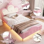 STILVORA Prinzessinbett 90x200 mit Krone-Kopfteil,Kinderbett Bettgestell mit LED-Beleuchtung (Polsterbett, für Kinder, Einzelbett mit weichem LED-Streifen, 90x200cm), ohne Matratze