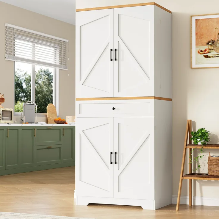 Abrihome Küchenschrank mit 12 Türfächern und Schubladen, Weiß, 180x40x80 cm