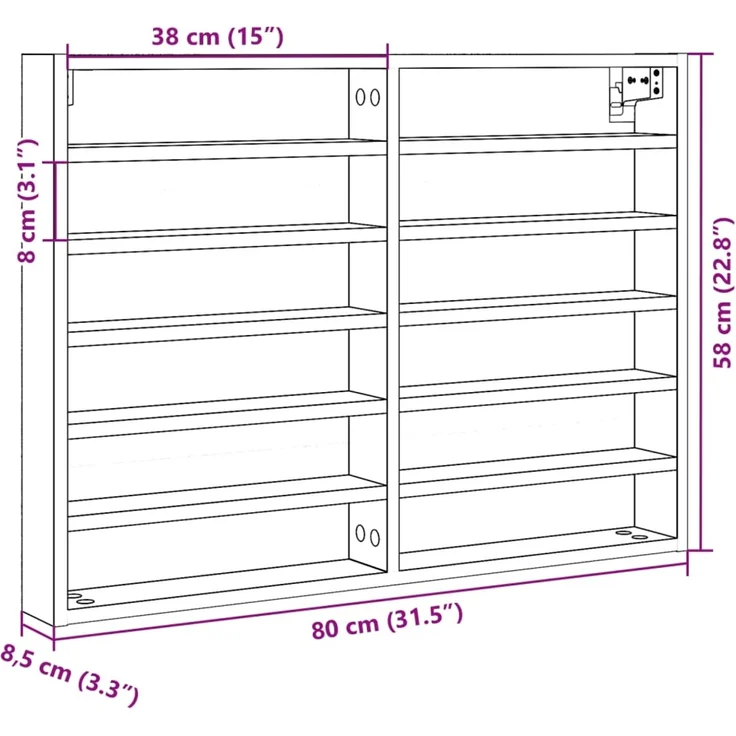vidaXL Vitrinenschrank Braun Eichen-Optik 80x8,5x58 cm Holzwerkstoff 847960 – Bild 10