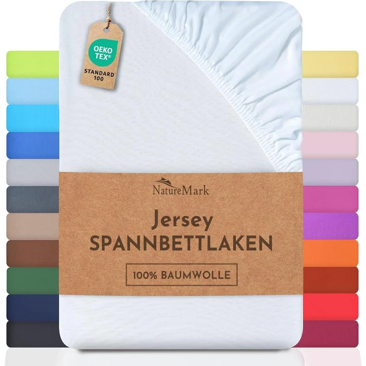 NatureMark Jersey Spannbettlaken, Spannbetttuch 100% Baumwolle in vielen Größen und Farben MARKENQUALITÄT ÖKOTEX Standard 100 | 180x200 cm - 200x200 cm - weiß