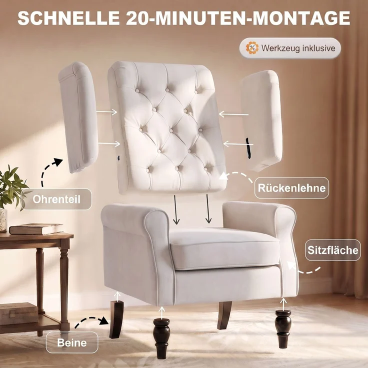 HOMCOM Einzelsessel, Polyester, Holz, Cremeweiß, B74 x T86 x H102 cm – Bild 7