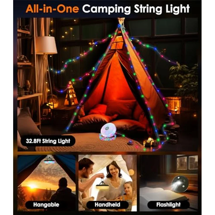 MoKo Camping Lichterkette, 3-in-1 Tragbare Wiederaufladbare LED Lichterkette mit 8 Beleuchtungsmodi, Wasserdichte Campinglampe und Taschenlampe für Outdoor und Zeltdekoration – Bild 2