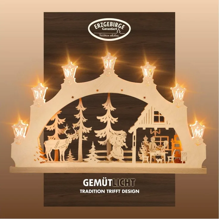 Weigla LED Schwibbogen Weihnachtsabend, Lichterbogen aus Holz, NATUR, Made in Germany (1-tlg), Erzgebirge garantiert, Weihnachtsdeko Innen, Weihnachtsbeleuchtung