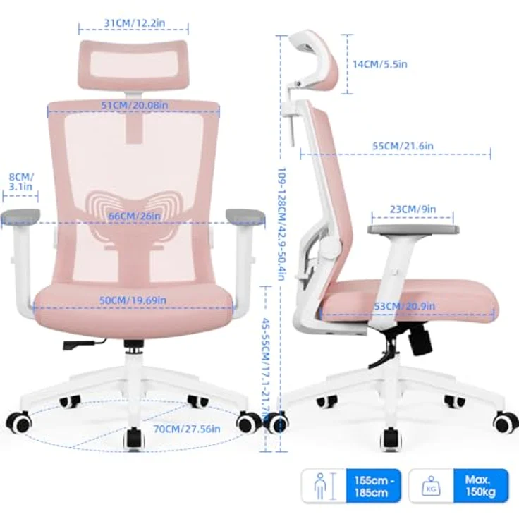 Daccormax Bürostuhl Ergonomisch, mit verstellbarer Kopfstütze, Lendenwirbelstütze & Wippfunktion, Mesh rosa, 70 x 70 x 128 cm – Bild 4