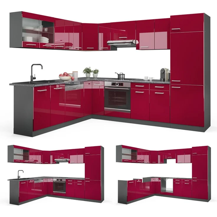Eckküche R-Line Rot Hochglanz/Anthrazit 287 x 227 cm, AP Marmor Vicco – Bild 6