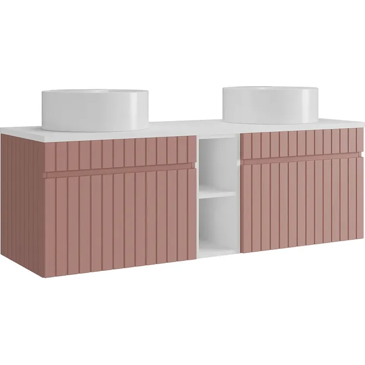 Vente-unique - Hängender Badezimmer-Unterschrank gerillt mit Fächern und Doppel-Aufsatz-Waschbecken rund – Rosa – B140 cm – SATARA