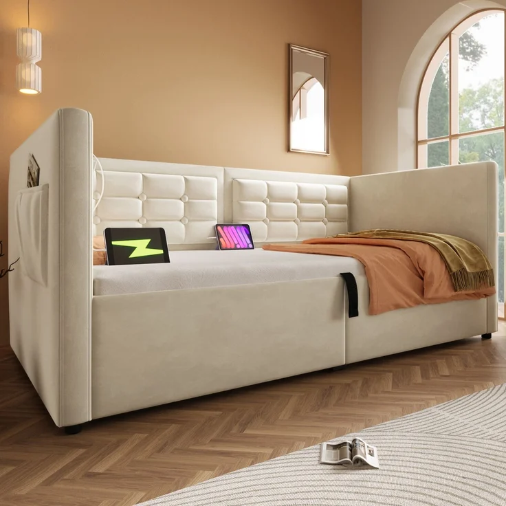 Merax Daybett Hydraulisches Polsterbett 90x200cm mit USB & Type C, Schlafsofa Tagesbett mit Ablagefächer, Einzelbett Jugendbett, Samt, Beige – Bild 3