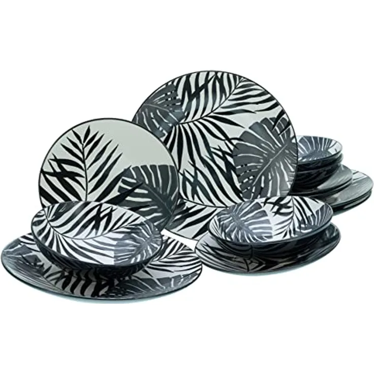 Creatable Kombiservice Tropicana Black, 12-teiliges Geschirrset aus Keramik in Schwarz und Weiß
