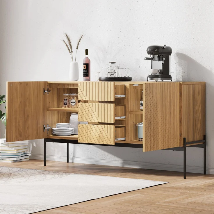 Merax Sideboard mit 2 Türen und 3 Schubladen,Metallbeinen, TV-Schrank,Buffet, Kommode mit Linien-Design, Maße: H75 cm / B140 cm/ T40 cm – Bild 3