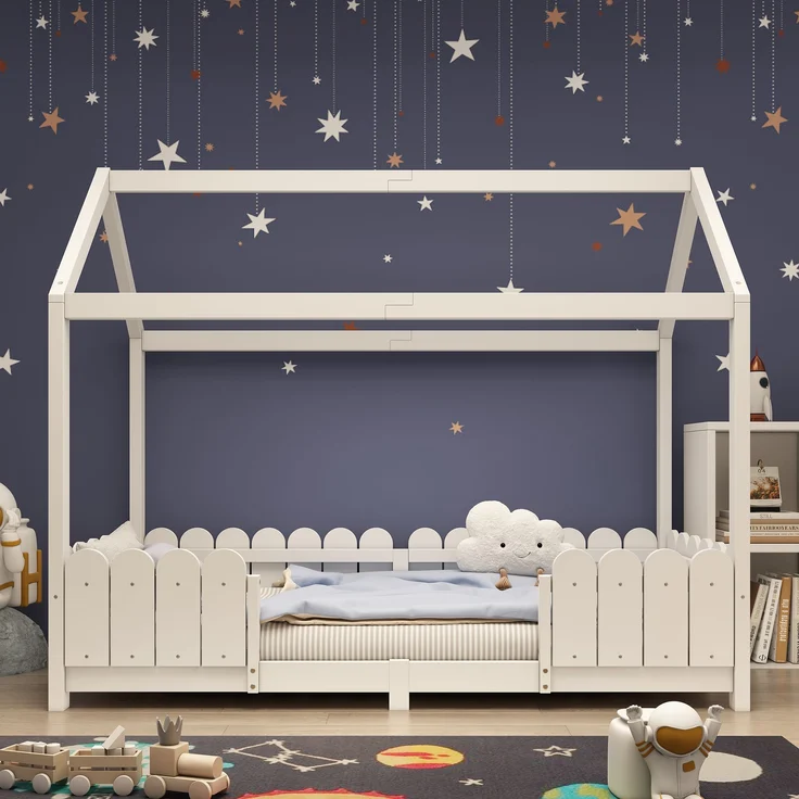 Bett 90x200 cm Hausbett mit Dach und Rausfallschutz – weißes Kinderhaus aus Kiefernholz mit Lattenrost – Bild 3