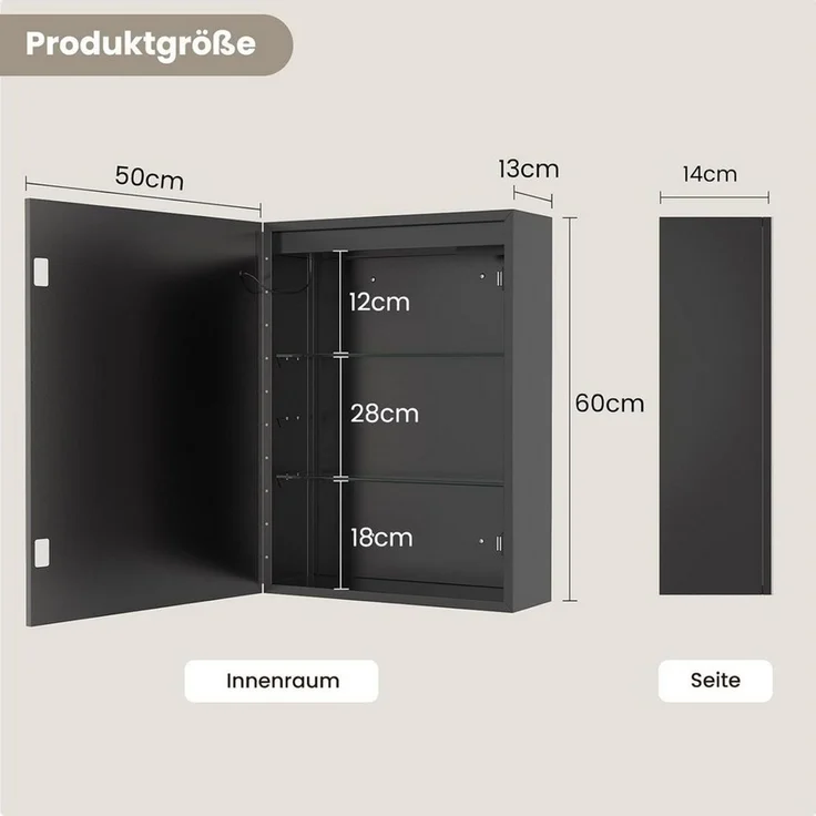MSMASK Spiegelschrank aus Metall mit LED Beleuchtung und Steckdose, 50x14x70 cm, Schwarz (1-St) Badschrank mit Anti‑Fog, verstellbaren Ablagen, 3 Farbtemperatur – Bild 2