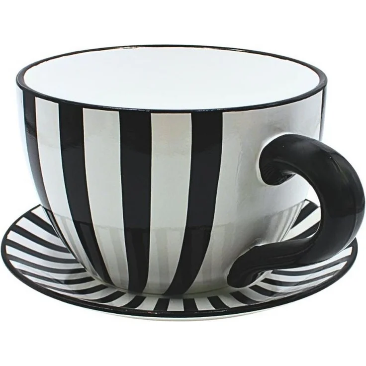 Dekohelden24 Blumentopf, Pflanztasse, Pflanzkübel, Pflanzgefäß, Blumenkübel, Pflanztopf. Übertopf als Tasse mit Griff aus Keramik, Motiv: Schwarz-Weiß-Gestreift, L/B/H 25 x 23 x 14 cm. – Bild 3