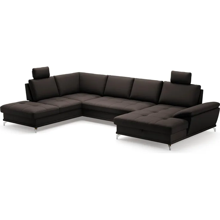 Cavadore Wohnlandschaft Castiel mit Federkern / Sofalandschaft mit großem Longchair, Bett, Bettkasten, Sitztiefenverstellung und Kopfstützen / 363x89-104x223 / Echtleder, Dunkelbraun