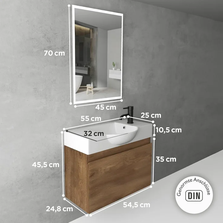 Alpenberger Badmöbel-Set Waschbecken mit Unterschrank 55 cm Breit, (Waschtischunterschrank, Badezimmerschrank Klein), Badschrank Hängend mit Badspiegel – Bild 7