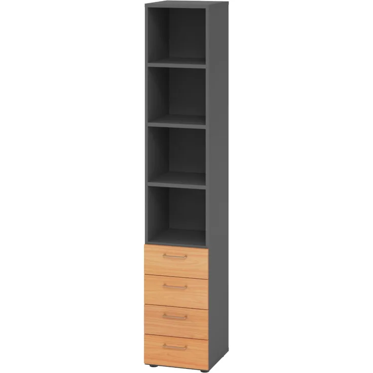 bümö smart Schubladenschrank, Büroschrank in Graphit/Buche mit 4 Schüben & 4 Regalfächern - Bürocontainer aus Holz, Container mit Metallgriffen & Soft-Stop Schubladen, 964S4-G-6-BS