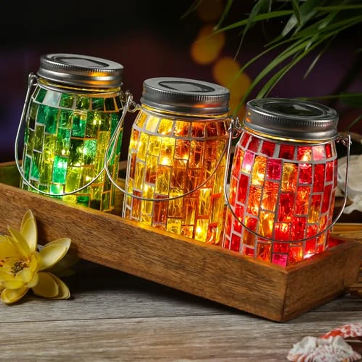 MARELIDA LED Solarleuchte LED Solar Glas Einmachglas mit Mosaik Tischleuchte Lichtsensor gelb, LED Classic, warmweiß (2100K bis 3000K) – Bild 3