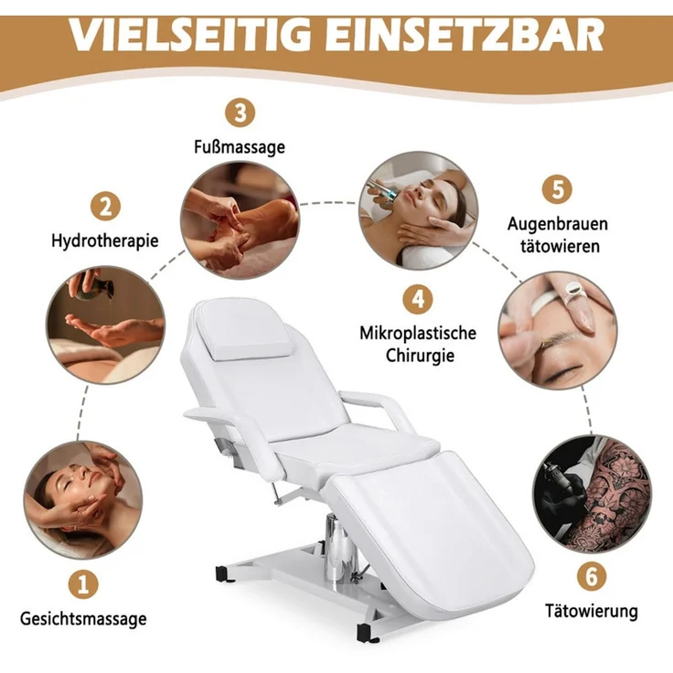 HOME NATURE WOHNKONZEPT Kosmetikliege hydraulisch, klappbare 3-Zonen Massageliege, Tattoo Liege 182x81x64 cm, Weiß – Bild 3
