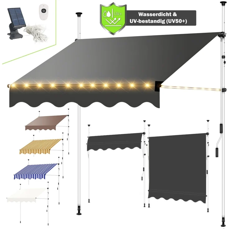 Klemmmarkise Sonnenschutz Markise 150-400cm LED Balkon Terasse Fenstermarkise Ausziehbar – Bild 1