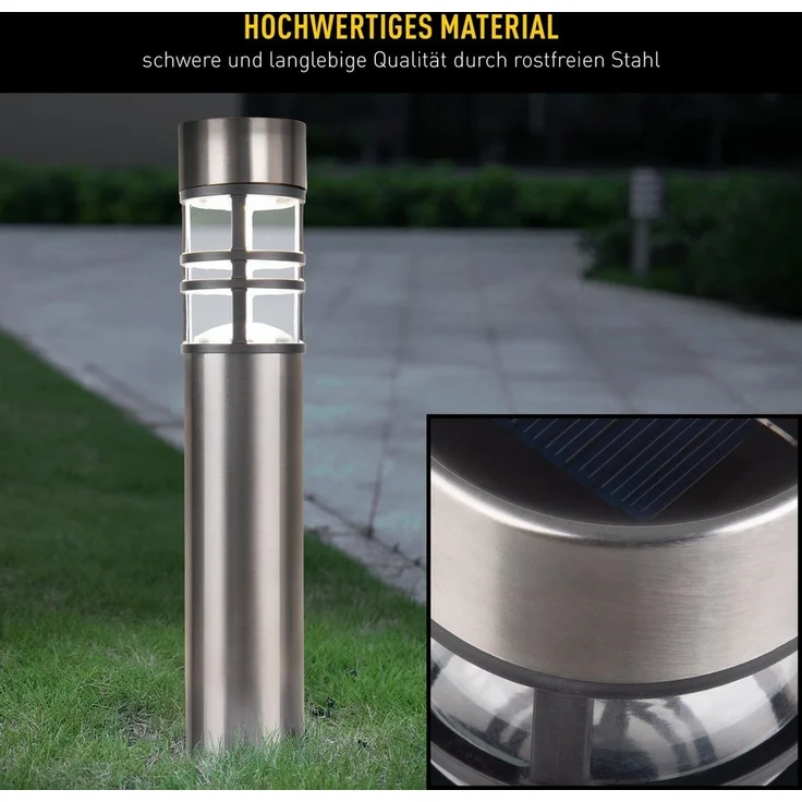 näve LED Solarleuchte Bobby, Ein-/Ausschalter, Tageslichtsensor, Leuchtmittel wechselbar, Warmweiß, 3er Set, Dämmerungssensor, Schiebeschalter, Höhe 42cm, Edelstahl, IP44 – Bild 2