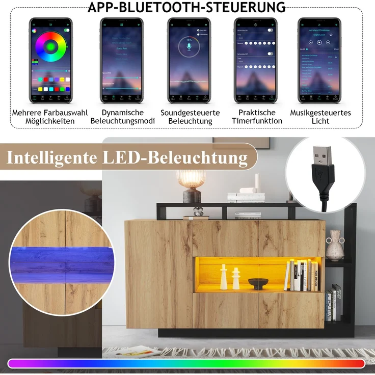 DESVIAE Sideboard mit LED-Beleuchtung 140x94x44 cm aus MDF und Acryl, Holzfarbe mit schwarzem Rahmen – Bild 4
