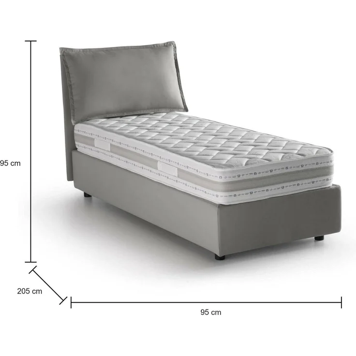 Talamo Italia - Einzelbett Carolina, Bettkasten mit Stoffbezug, 100 % Made in Italy, Öffnung vorne, inklusive Matratze 80 x 190 cm, Grau – Bild 2
