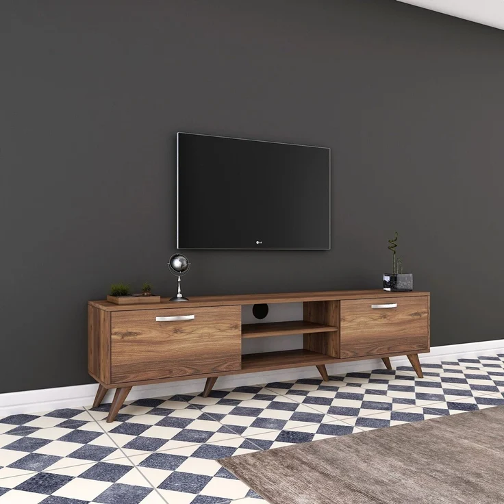Calicosy TV-Möbel, 2 Klapptüren, 2 offene Fächer in der Mitte Dekor Walnussholz B180 cm - Dunkles Holz – Bild 4