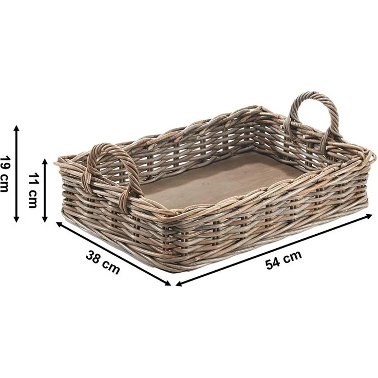 Kobolo Tablett Dekotablett Serviertablett aus Rattan kubu grey, Serviertablett Holzt, Holz, (Stück, 1-tlg, Stück), mit Holzboden - 56x38x12 cm – Bild 1