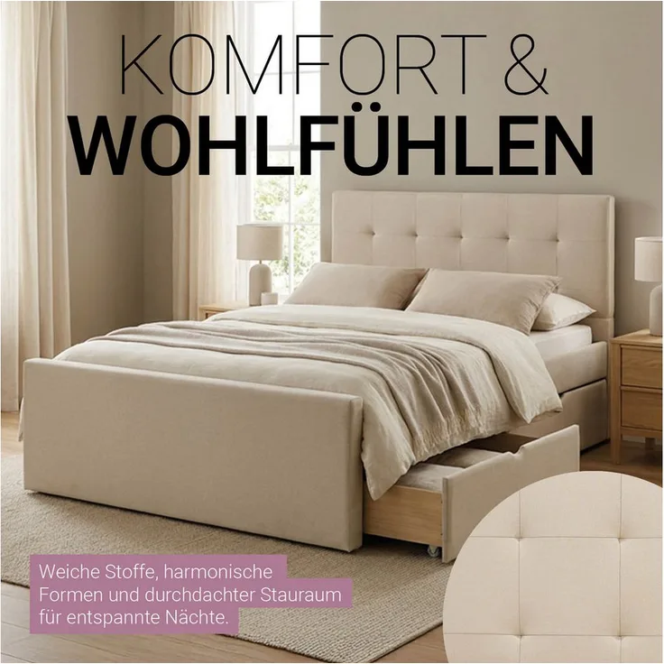 Homestyle4u Polsterbett 140x200 cm, inkl. Lattenrost, 2 Bettkästen, gepolstertes Kopfteil, Naturbeige