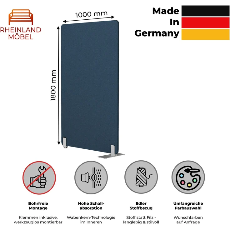 Rheinland Möbel FocusWall STW1018 – Akustik-Stellwand 1000×1800 mm in Stofffarbe Martinique inkl. Standfüßen – Schreibtisch-Trennwand für Büro & Homeoffice – Schallschutz – Made in Germany – Bild 2