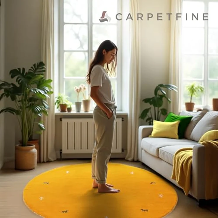 carpetfine 'Gabbeh Uni' Wollteppich, reine Wolle, Gelb, Ø 150 cm – Bild 8