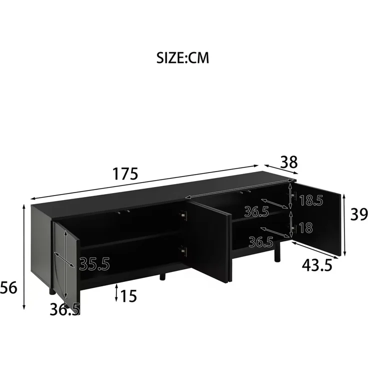 TV-Schrank Schwarz 175 x 38 x 56 cm mit 4 Türen Push-to-Open Stauraum – Bild 9