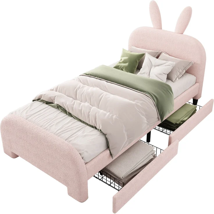 Kinderbett 90x200 Rosa mit Kaninchen-Kopfteil und 2 Schubladen,Gepolstertes Bett aus Lammwolle und MDF, Cartoon Bunny Design – Bild 6
