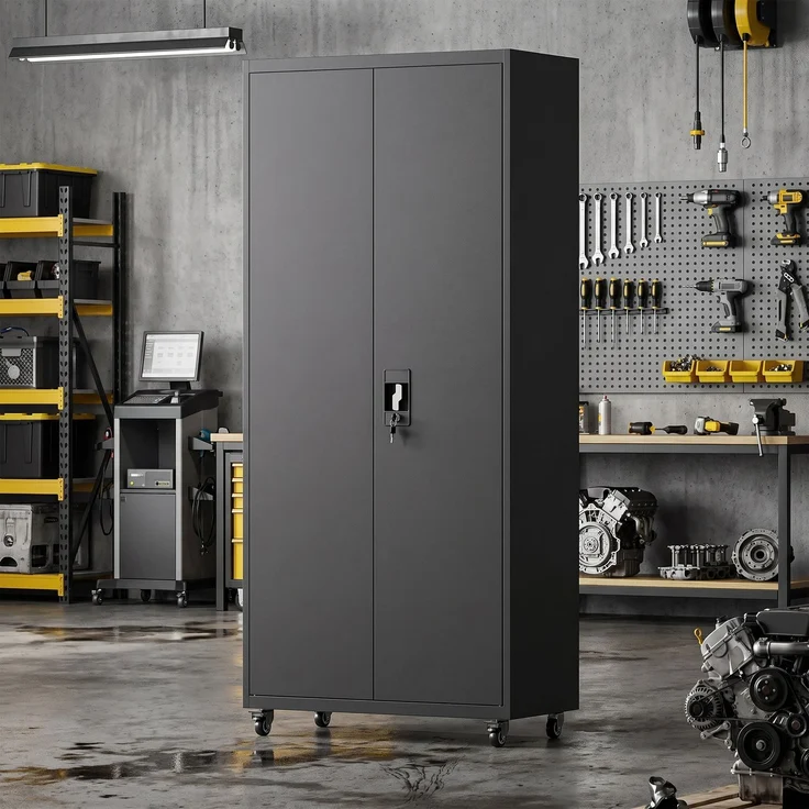 MELAYR, Aktenschrank, Abschließbar Metallschrank mit Rollen, Verstellbaren Ablagen, aus Stahl, 80 x 40 x 180 cm Schwarz – Bild 4