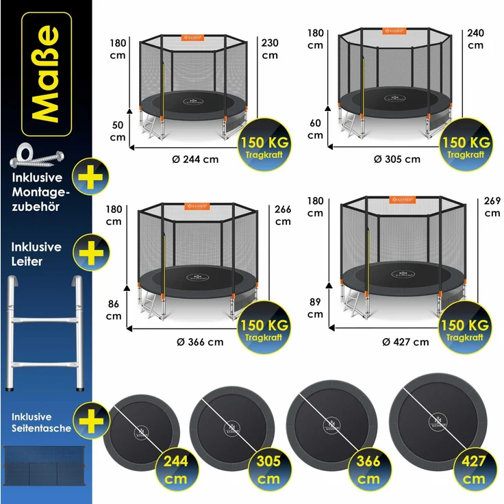 KESSER® - Trampolin | TÜV Rheinland GS Zertifiziert | Komplettset mit Sicherheitsnetz, Leiter, Randabdeckung, Seitentasche & Zubehör | Kindertrampolin Gartentrampolin Belastbarkeit 150 kg Orange, 427 cm – Bild 7