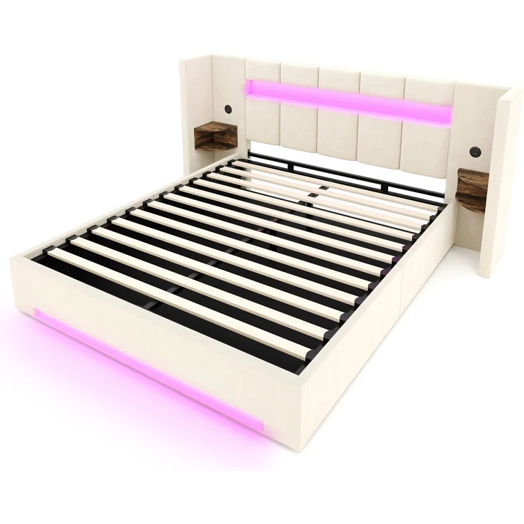 LVHOM Polsterbett 160x200 mit Seitenschränke, Bettgestell mit USB & LED und Stauraum sowie Hydraulik, Doppelbett aus Samt, Funktionbett, Beige – Bild 2