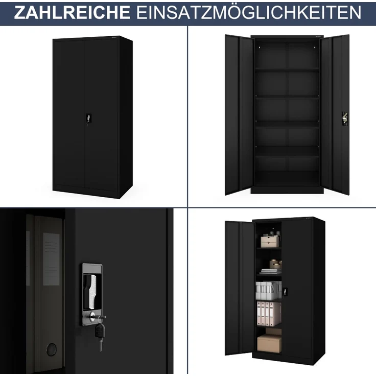 Aktenschrank abschließbar KADO - 5 Ebenen verstellbar, Flügeltüren | Metallschrank Werkstatt Mehrzweckschrank Büroschrank aus Stahl Werkzeugschrank, 195 x 90 x 60 cm Schwarz – Bild 6
