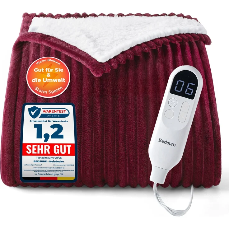 BEDSURE Heizdecke Elektrische Kuscheldecke - 200x180 cm, Gestreift Rot | mit Abschaltautomatik, 6 Heizstufen & 10 Stunden Timer, bis zu 8 Stunden Überhitzungsschutz für Home & Office