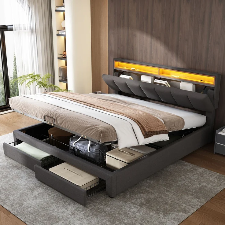 Polsterbett mit LED-Beleuchtung,Hydraulisch Stauraumbett mit Bettkasten,Schubladen und Staufächer,Verstaubares Kopfteil aus Schaum,Doppelbett aus Stahlrahmen,Leinen,160*200cm,grau – Bild 4