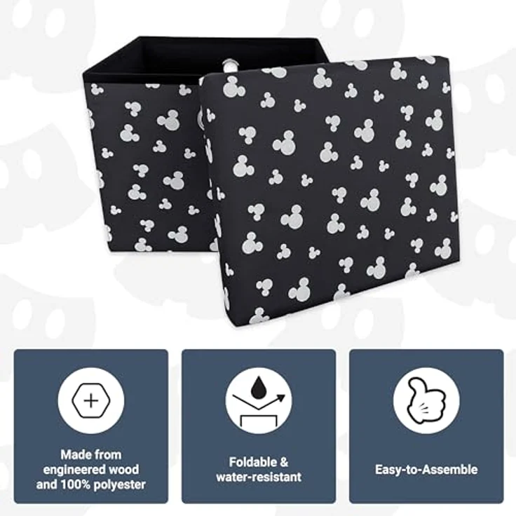 Disney Classic Micky Maus Ottomanen-Aufbewahrungsbox, faltbar, quadratische Spielzeugtruhe, Box mit Deckel für Kinder, Fußhocker, belastbar bis zu 30 kg, schwarz – Bild 5